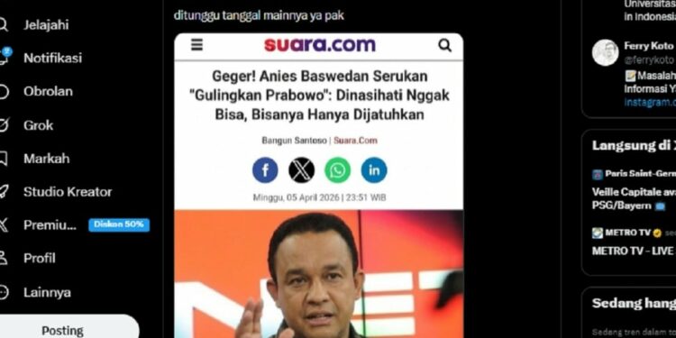 [CEK FAKTA] Hoaks! Anies Baswedan Serukan Gulingkan Presiden Prabowo di Artikel Suara.com